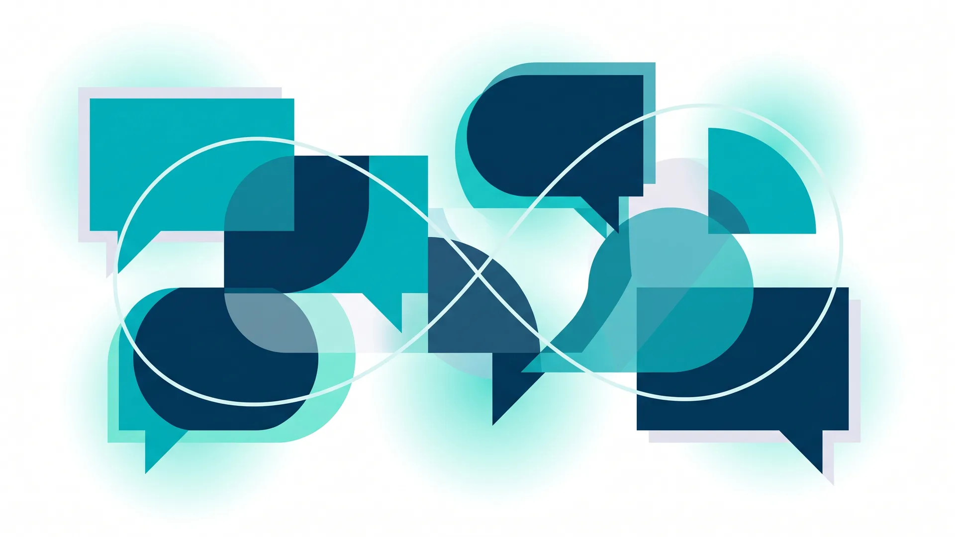 Abstract teal and navy illustration of overlapping speech-bubble shapes and a soft looping line, flat geometric style